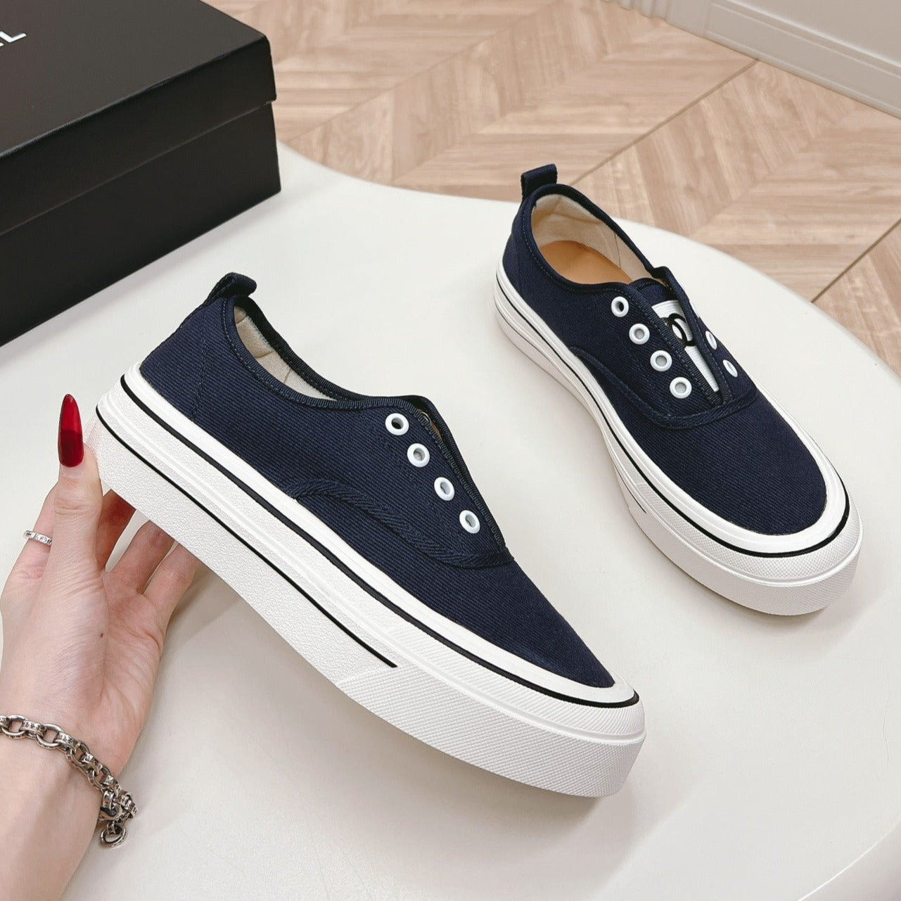 CHANEL Double C Platform Biscuit Shoes Fabric Navy Blue