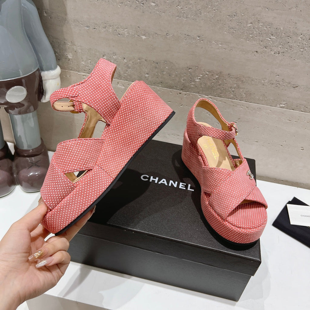 CHANEL Wedge Open-Toe High Heel Sandals Light Pink Sheepskin