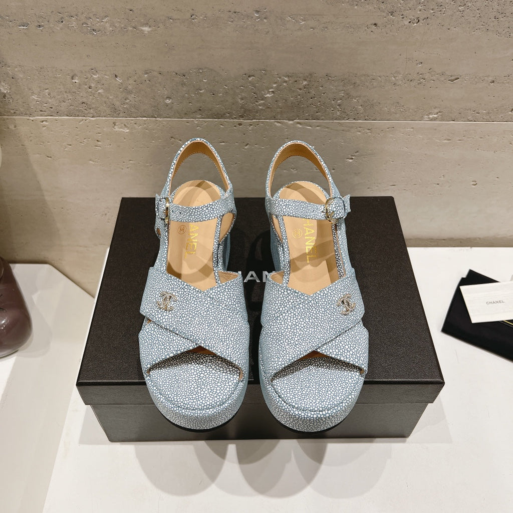 CHANEL Wedge Open-Toe High Heel Sandals Saphire Blue Sheepskin