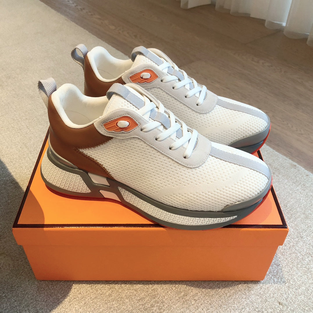 HERMES HEROS SNEAKER IN WHITE BREATHABLE MESH FABRIC AND BROWN CALFSKIN