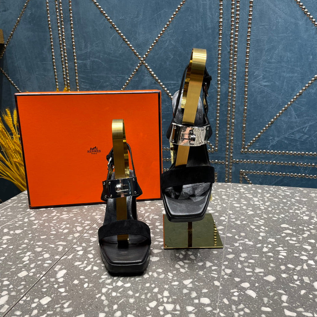 HERMES ILONA SANDAL 95 BLACK SUEDE