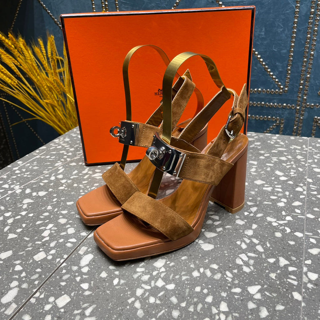 HERMES ILONA SANDAL 95 CARAMEL SUEDE