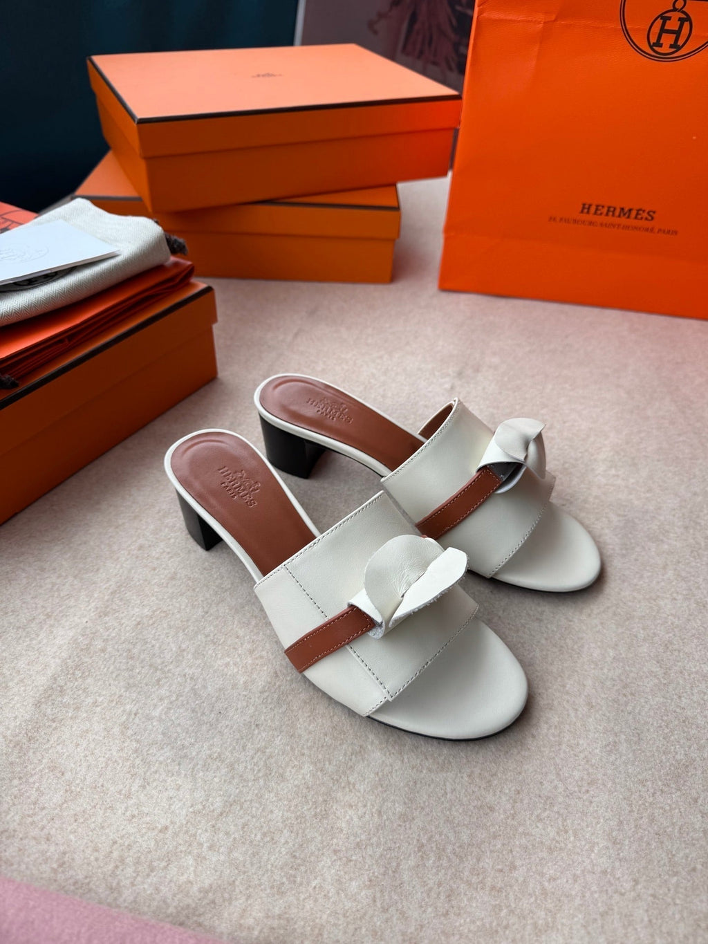 HERMES HIGH MULES IN WHITE CALFSKIN