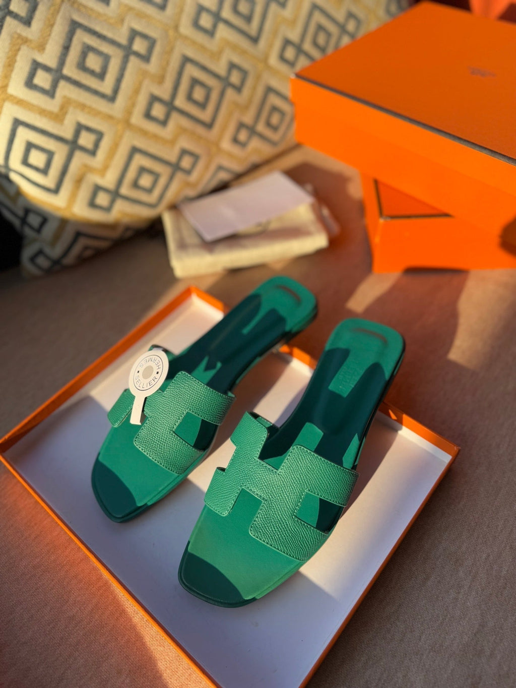 HERMES 0RAN SANDALS IN PERSIAN GREEN CALFSKIN