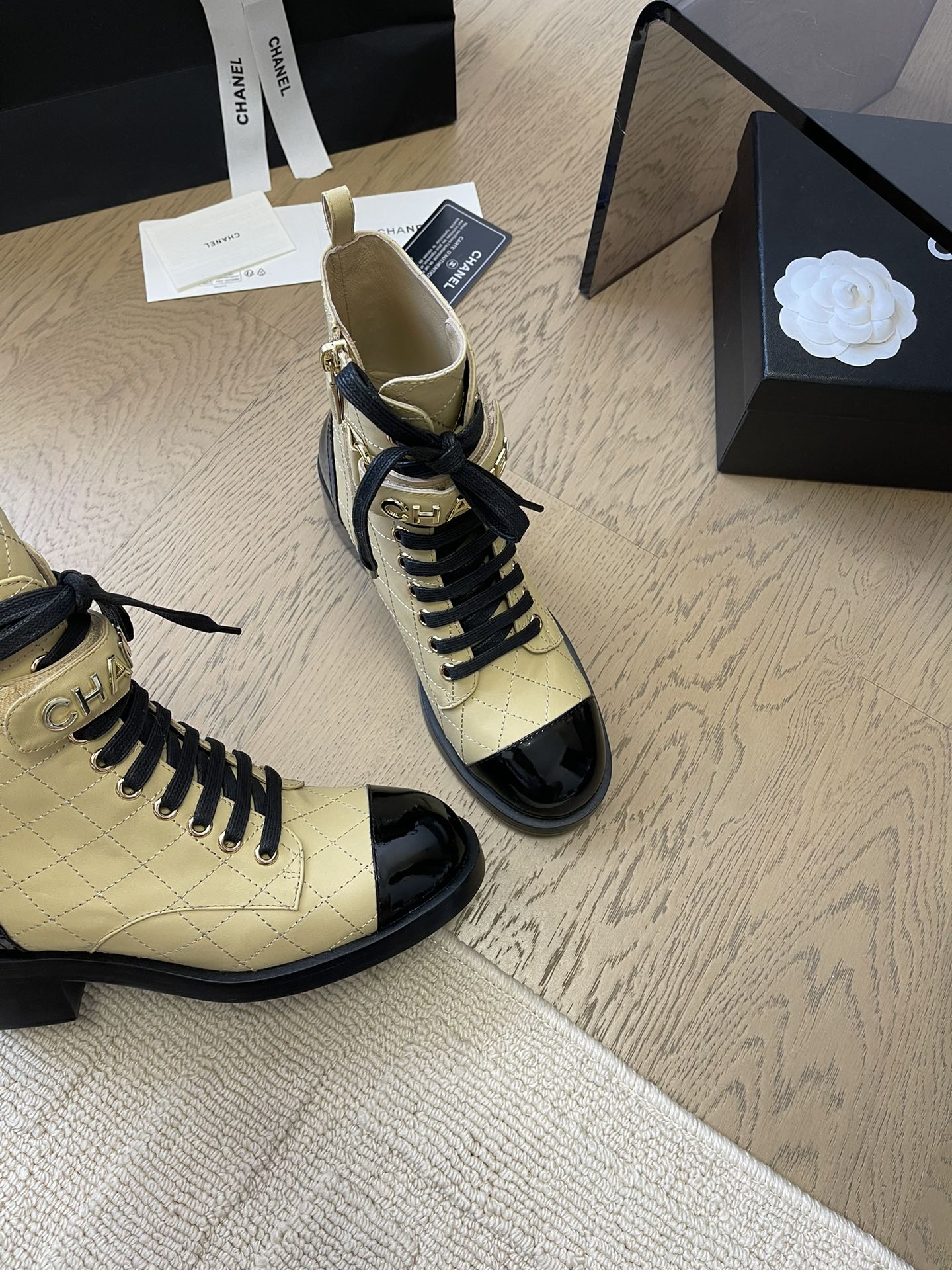CHANEL ALPHABET MARTIN BOOTS IN FLAX YELLOW LAMBSKIN