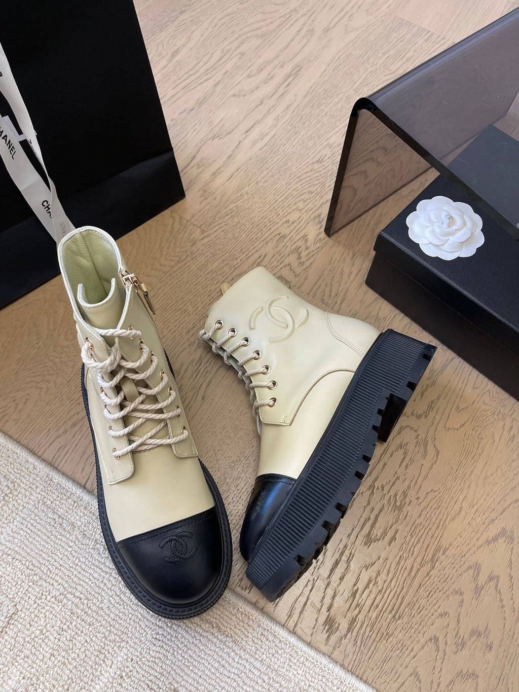 CHANEL ANKLE BOOTS IN PEARL GRAY MIX BLACK CALFSKIN