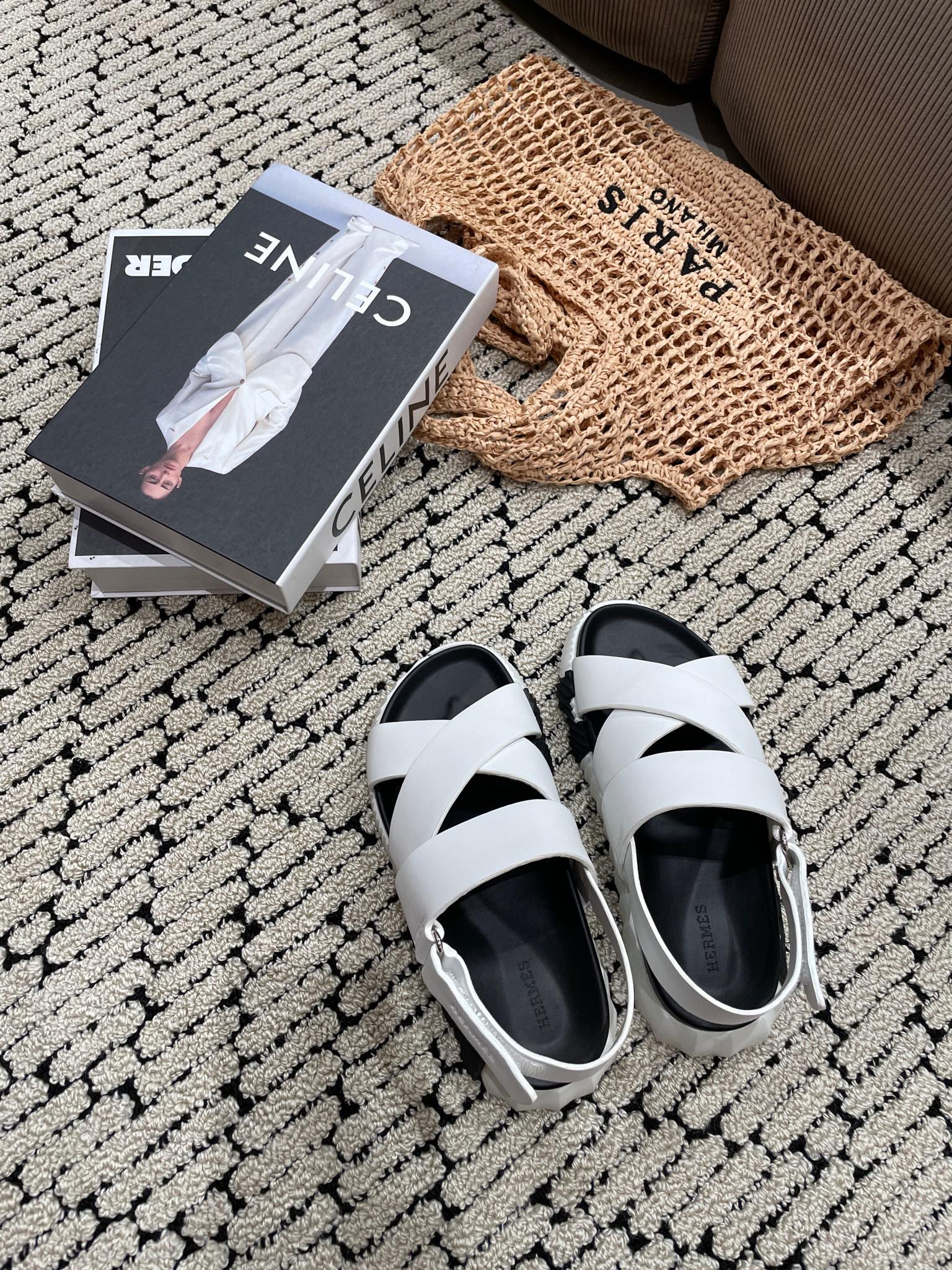 HERMES ELECTRIC SANDAL BLACK MIX CREAMY WHITE CALFSKIN