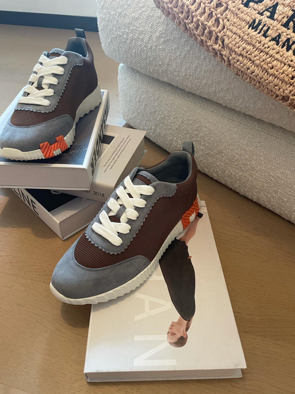 HERMES BOUNCING SNEAKERS GRAY MIX BROWN CALFSKIN