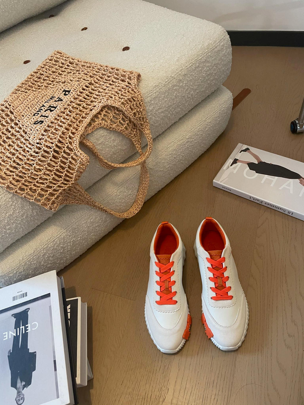 HERMES BOUNCING SNEAKERS WHITE CALFSKIN WITH ORANGE LACES