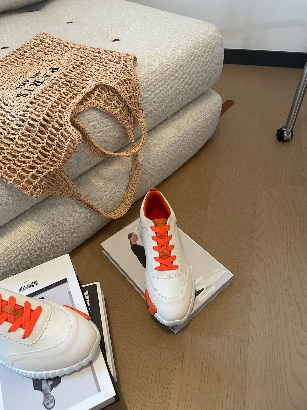 HERMES BOUNCING SNEAKERS WHITE CALFSKIN WITH ORANGE LACES