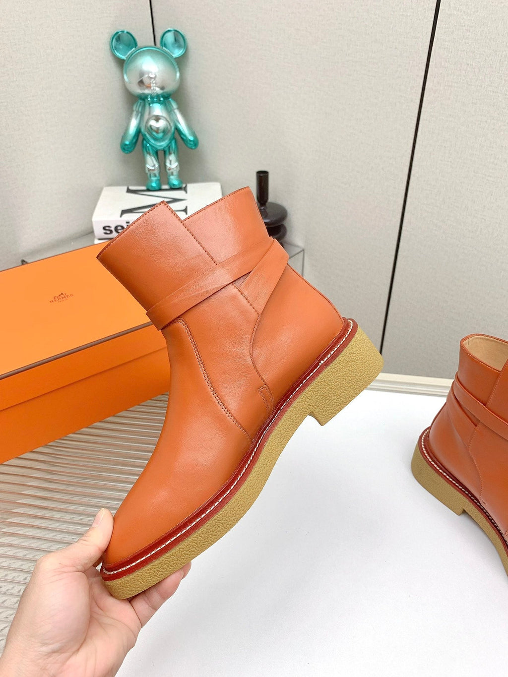 HERMES BOTINES HISTORY BOOTS IN SALAMANDER ORANGE CALFSKIN