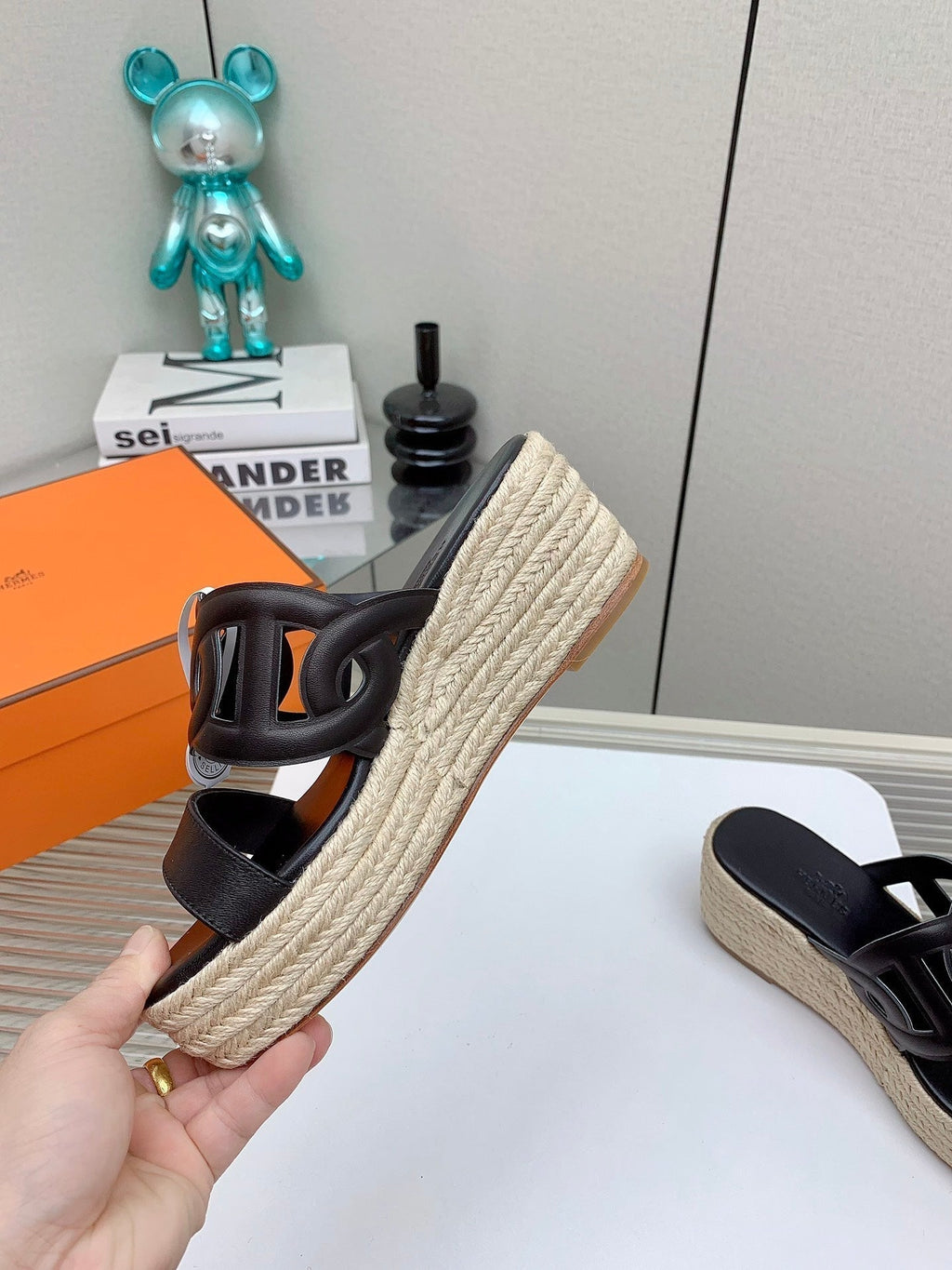 HERMES ITHEA 85 MM ESPADRILLE IN BLACK CALFSKIN