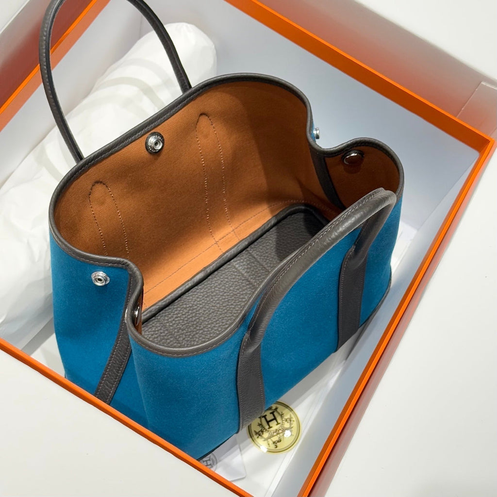 HERMES GARDEN PARTY 30CM IN BLUE TOILETS COTTON CANVAS AND BLACK CALFSKIN