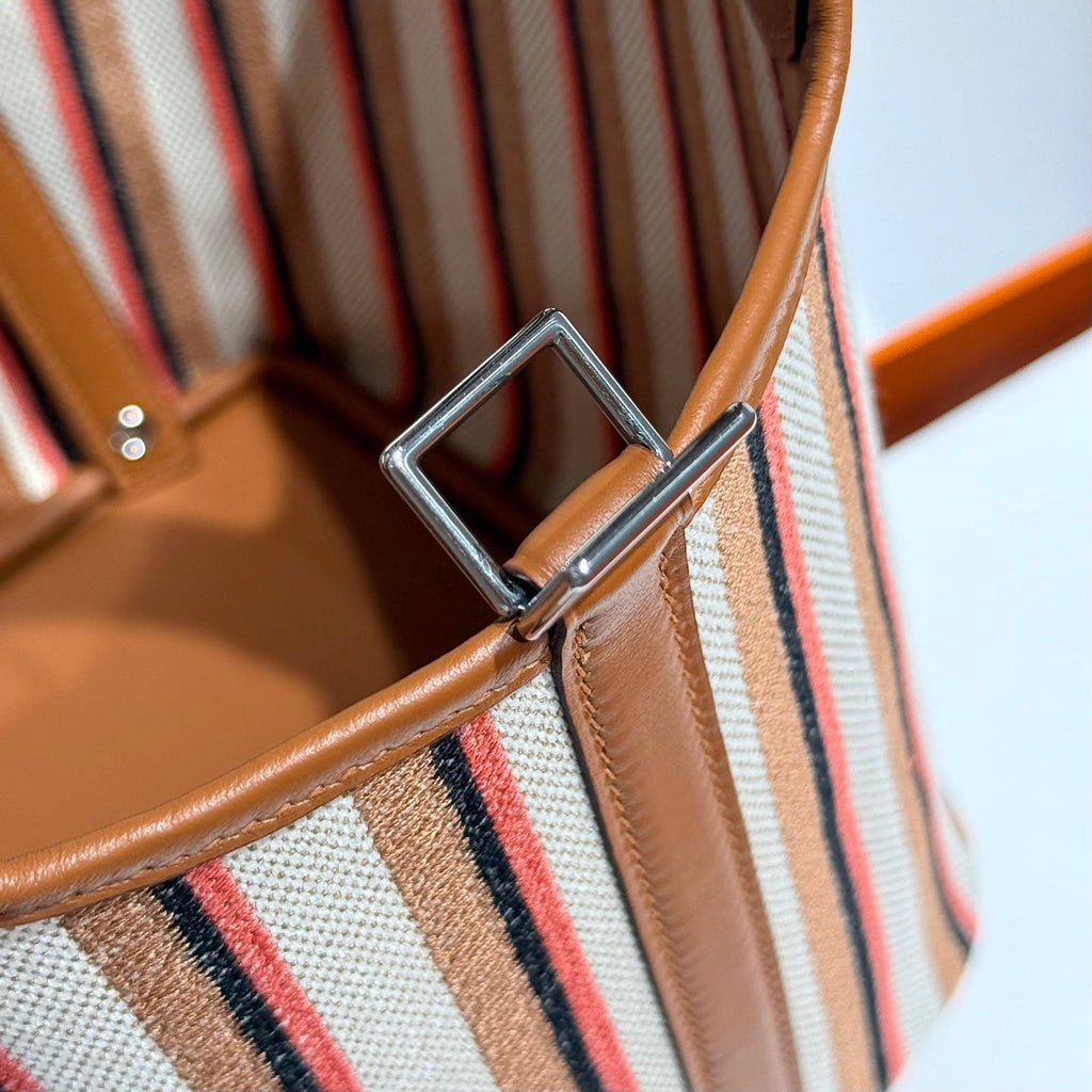 HERMES PICOTIN LOCK 18 BAG IN GOLD CALFSKIN ÉCRU/BEIGE/FAUVE/ROSE POP/NOIR EMBROIDERY CANVAS