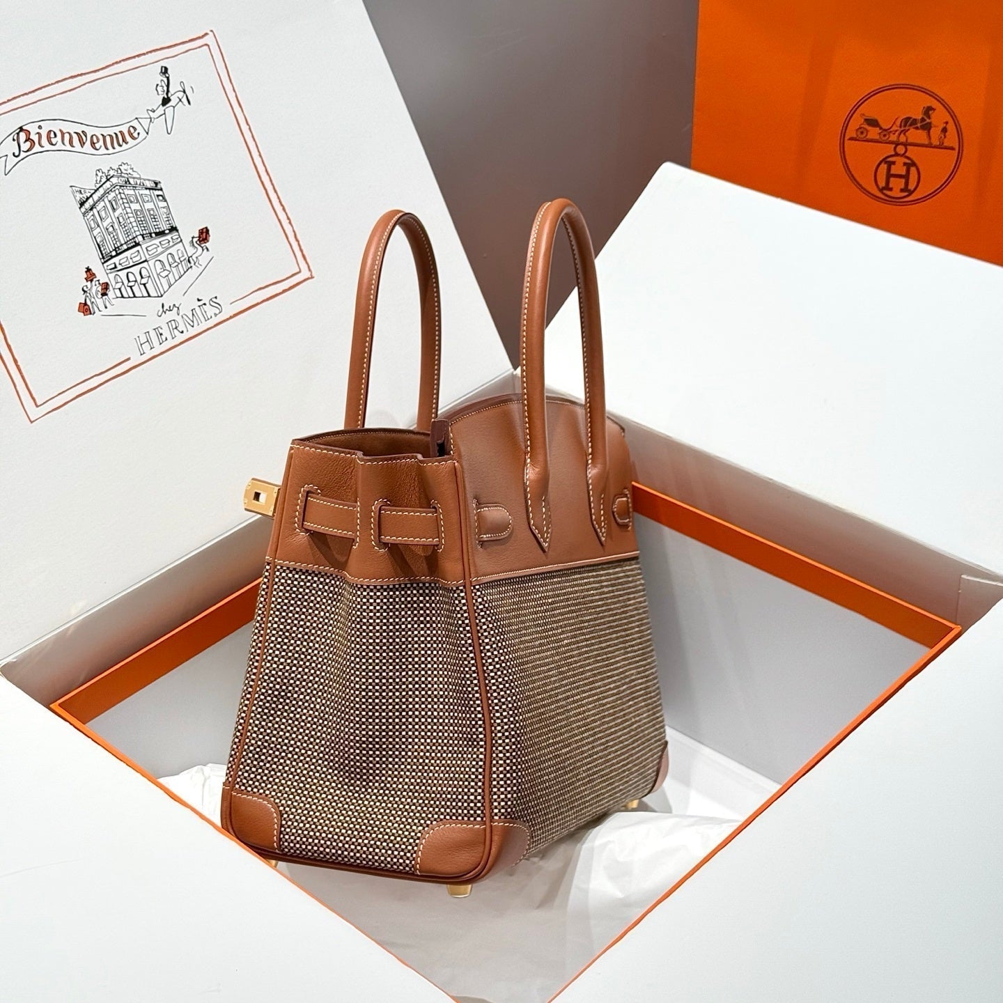 HERMES QUADRILLE BIRKIN 30CM IN GOLD SWIFT CALFSKIN AND BLACK/WHITE/BROWN TOILE CANVAS