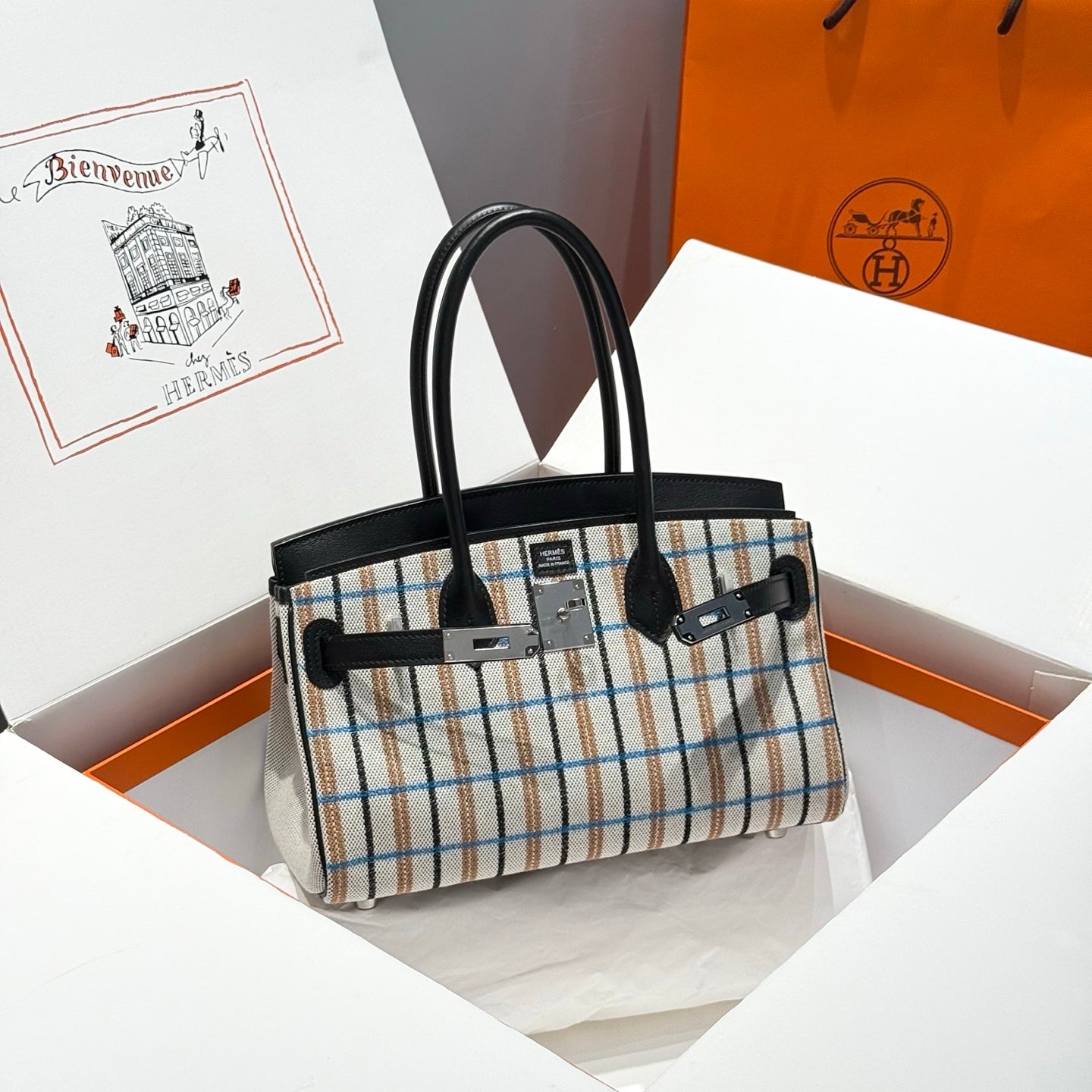HERMES BIRKIN SHOULDER 29 IN BLACK CALFSKIN ÉCRU/NOIR/FAUVE/NOIR/BLEU ZANZIBAR EMBROIDERY PLAID CANVAS
