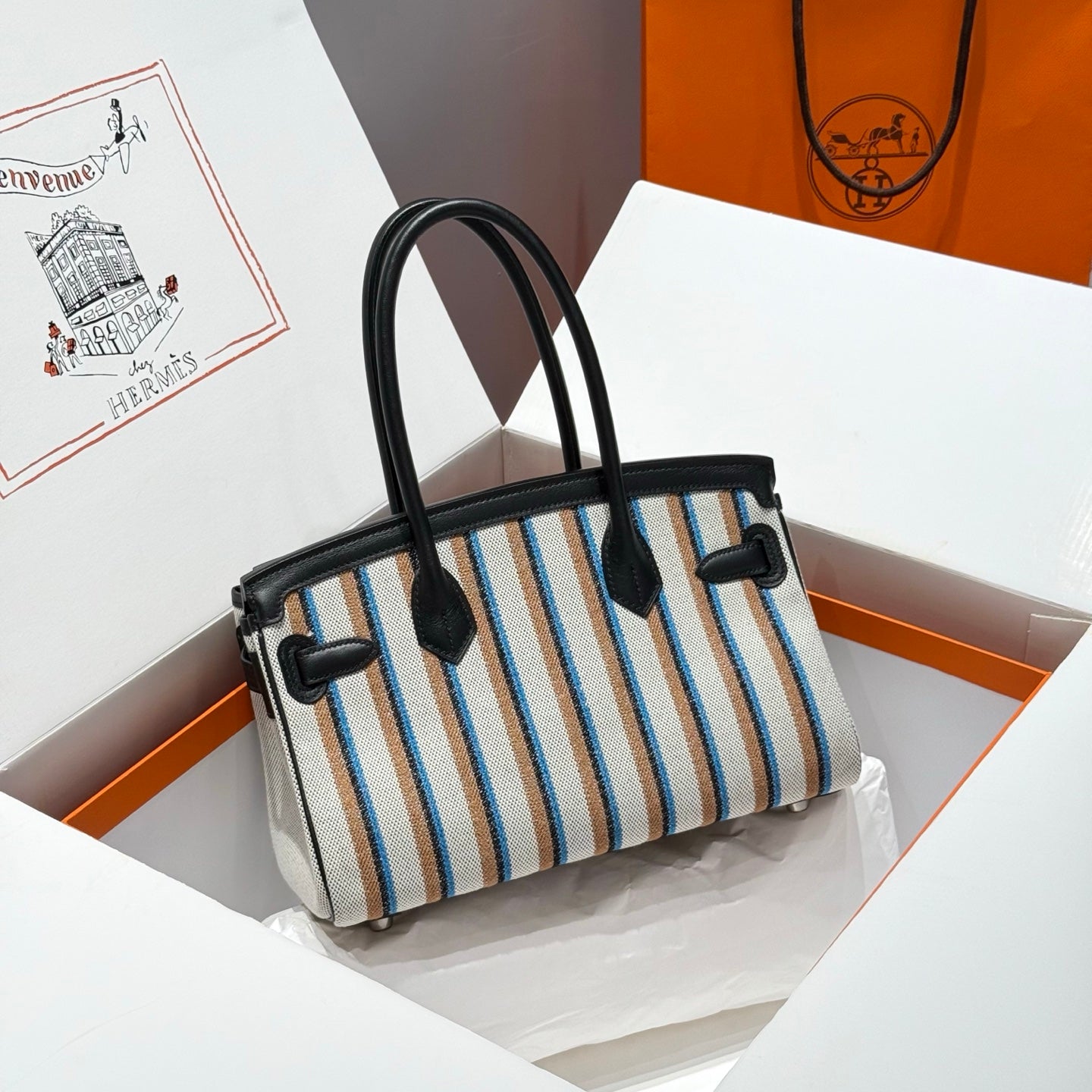 HERMES BIRKIN SHOULDER 29 IN BLACK CALFSKIN ÉCRU/NOIR/FAUVE/NOIR/BLEU ZANZIBAR EMBROIDERY CANVAS