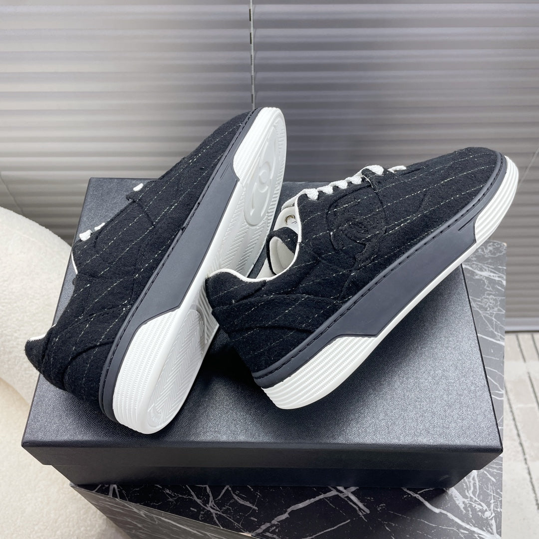 CHANEL TRAINER SHOES IN BLACK WOOL FABRIC