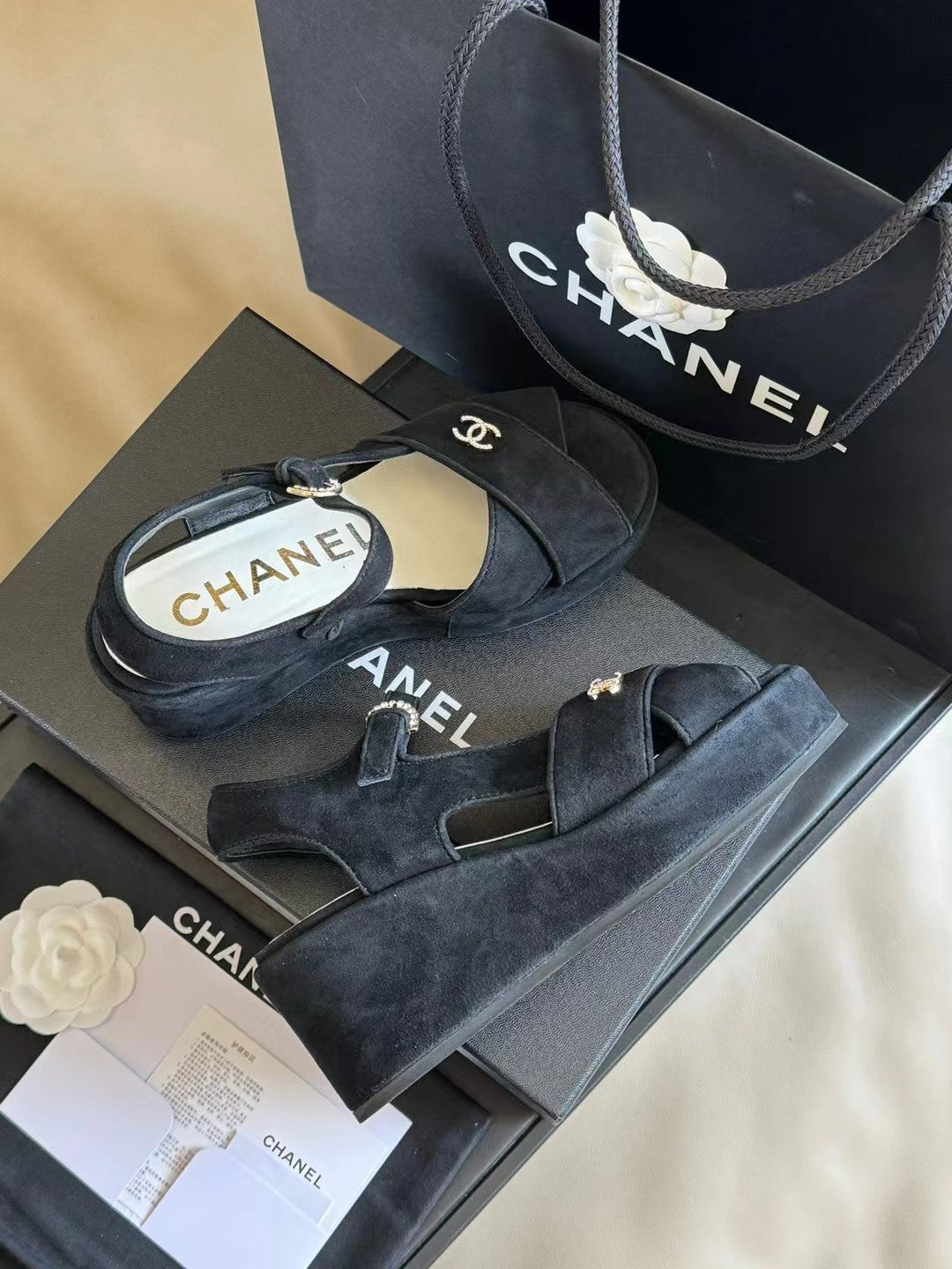 CHANEL CLASSIC WEDGE SANDALS IN BLACK LAMBSKIN SUEDE