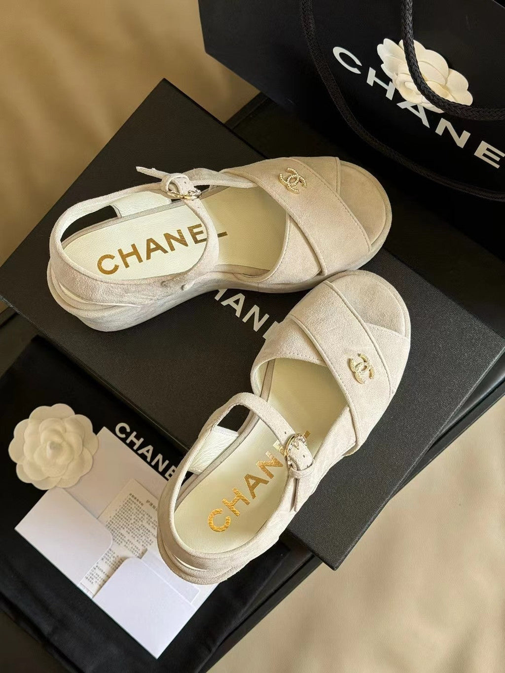 CHANEL CLASSIC WEDGE SANDALS IN WHITE LAMBSKIN SUEDE