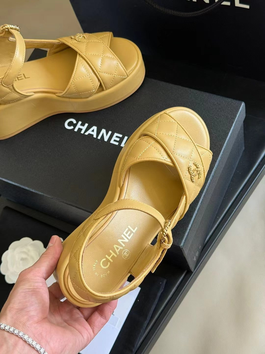 CHANEL CLASSIC WEDGE SANDALS IN LIGHT YELLOW LAMBSKIN