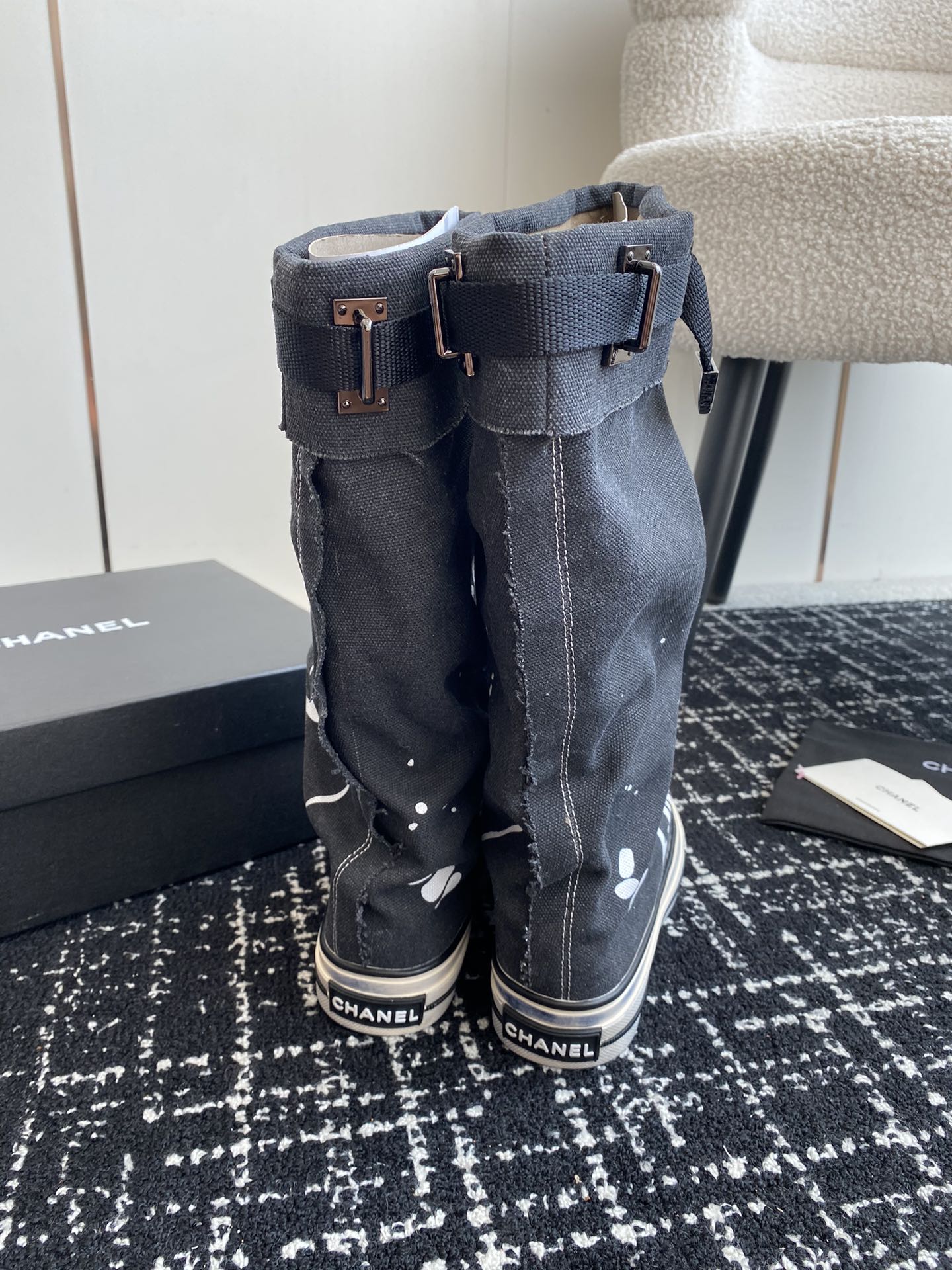 CHANEL HIGH BOOTS IN BLACK CANVAS