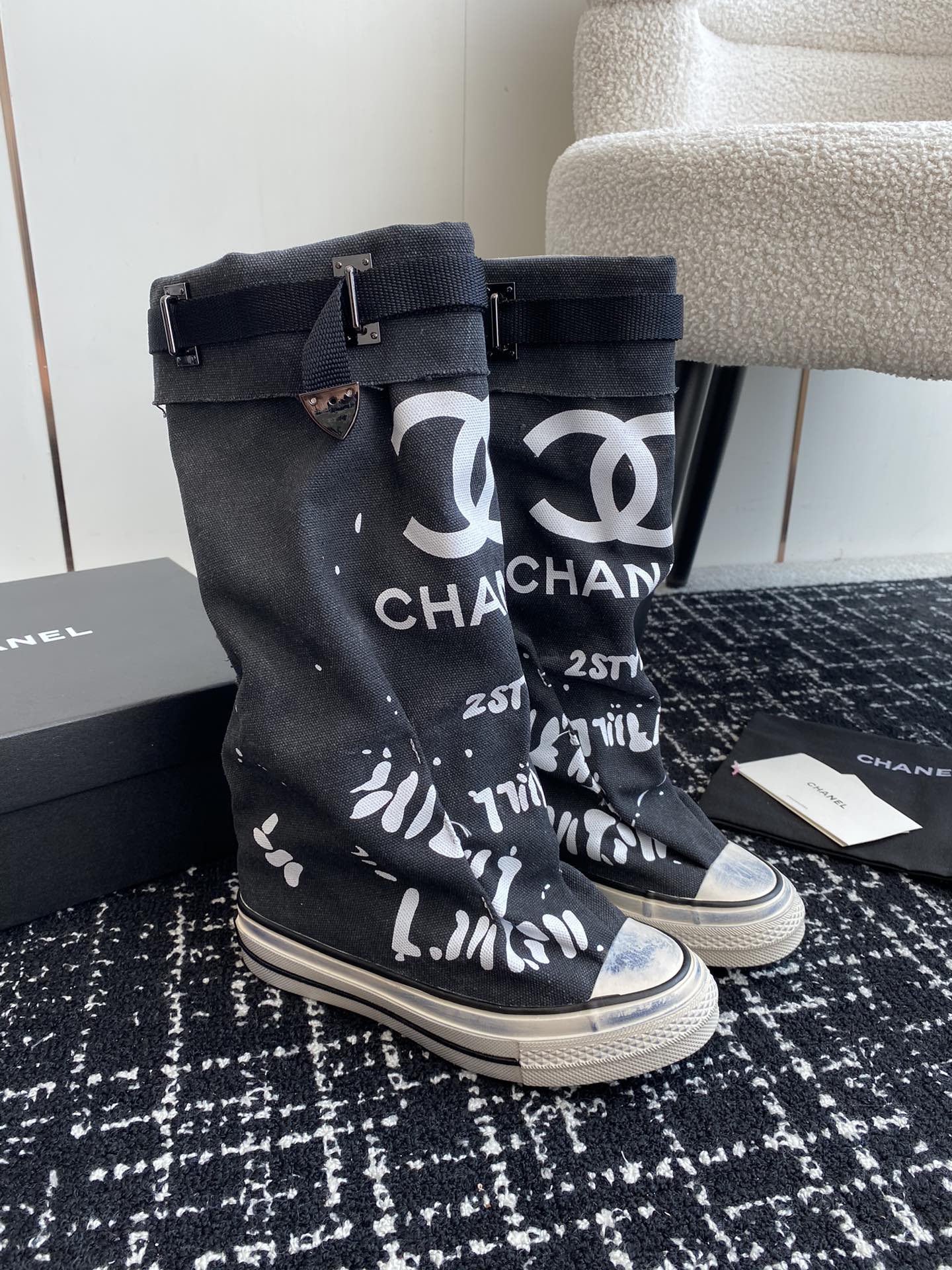 CHANEL HIGH BOOTS IN BLACK CANVAS