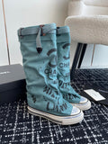 CHANEL HIGH BOOTS IN SAPPHIRE BLUE CANVAS