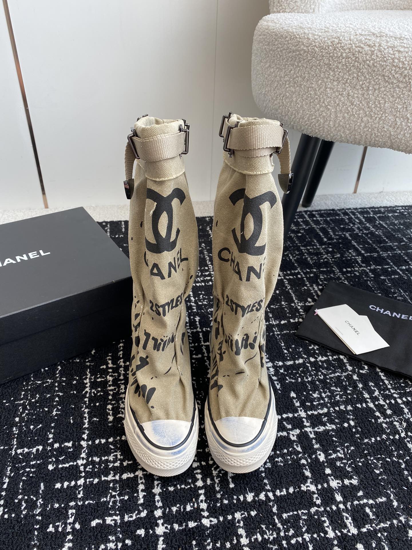 CHANEL HIGH BOOTS IN TORTILLA BROWN CANVAS