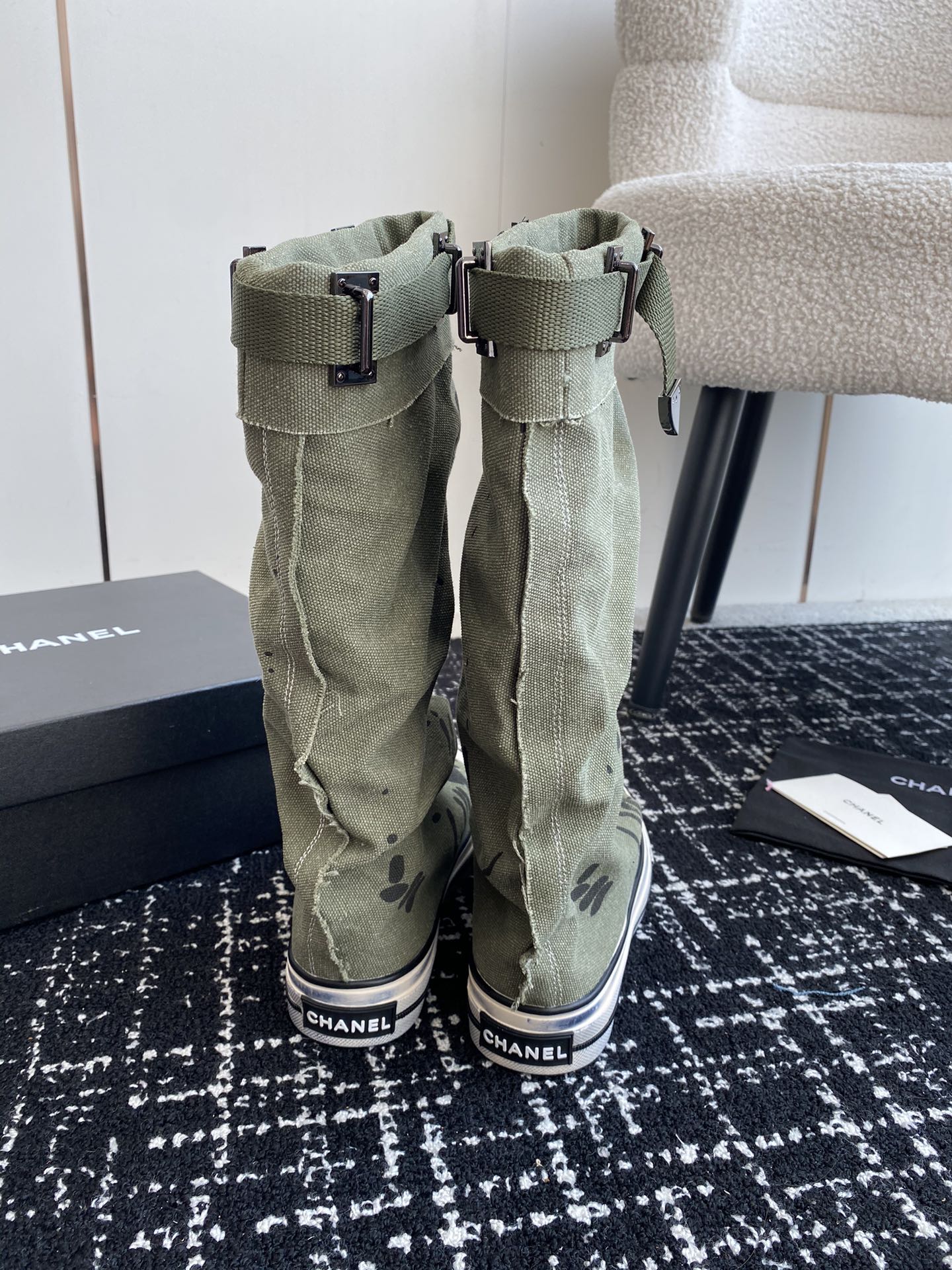 CHANEL HIGH BOOTS IN ARMY GREEN CANVAS