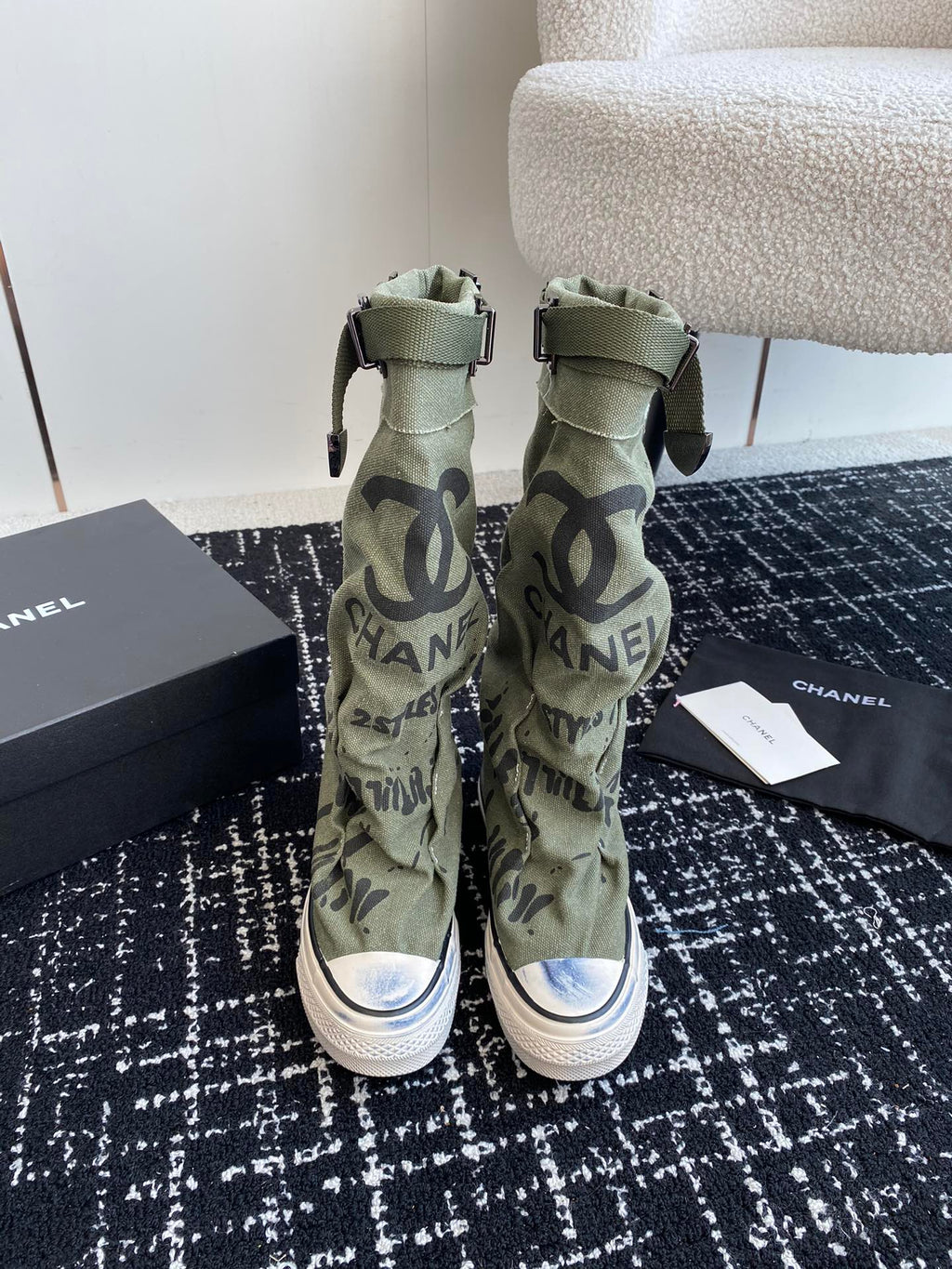 CHANEL HIGH BOOTS IN ARMY GREEN CANVAS