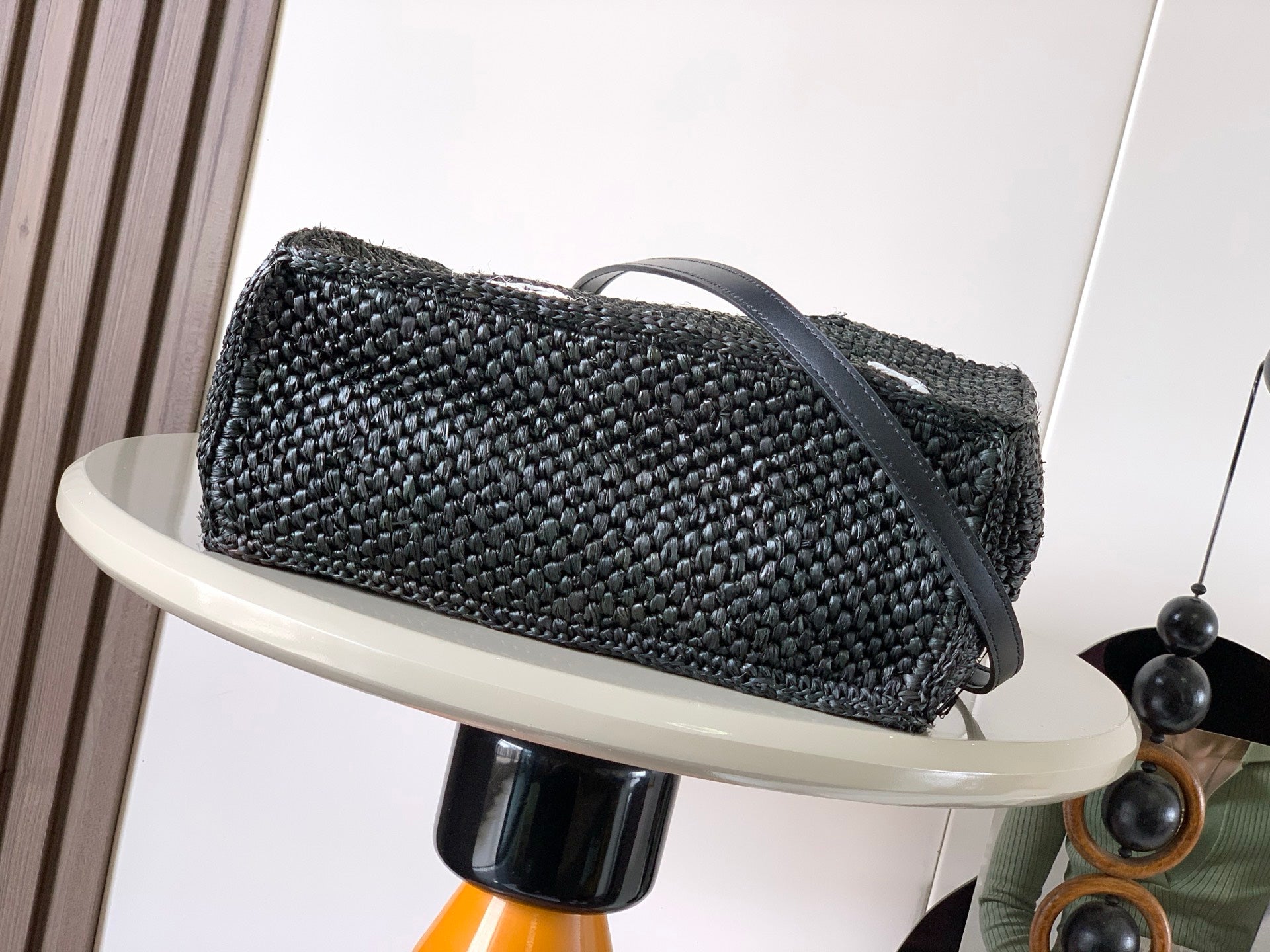 LOEWE 25S WE FONT TOTE BAG 24 IN BLACK RAFFIA FIBER