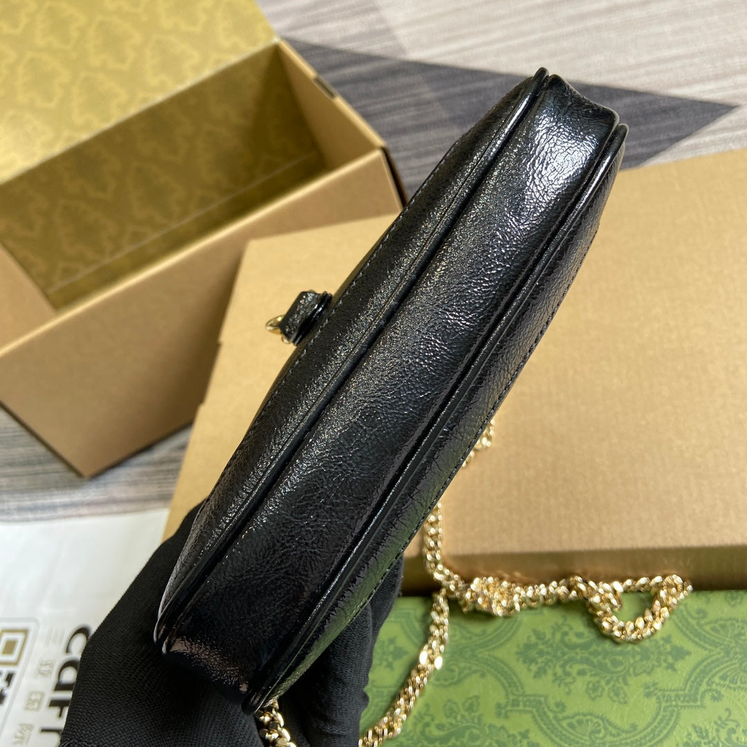 GUCCI JACKIE NOTTE MINI BAG 19 IN BLACK CRACKED LACQUER CALFSKIN GOLD HARDWARE