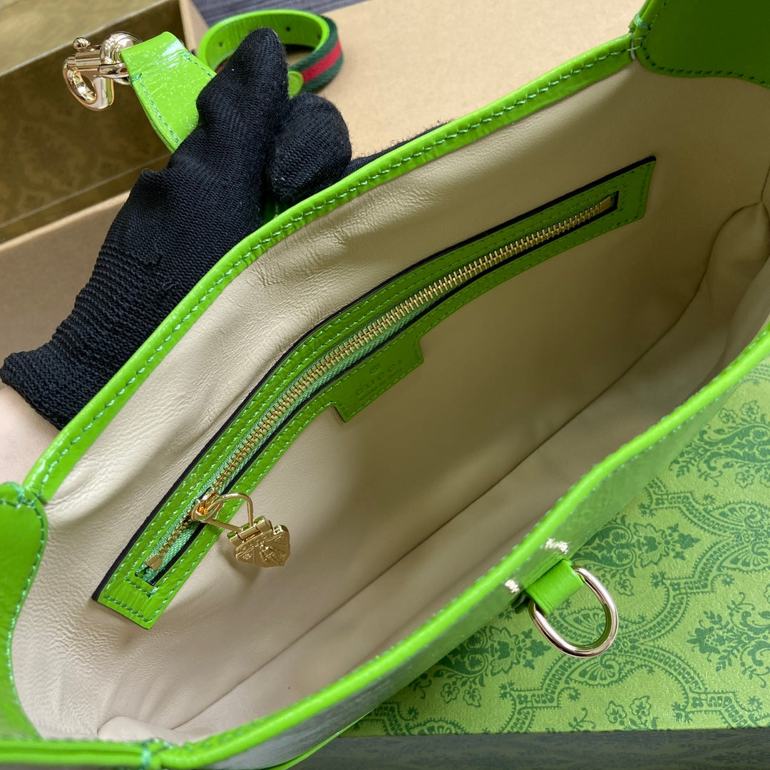 GUCCI JACKIE SMALL SHOULDER BAG 27 IN LIME GREEN CRACKED LACQUER CALFSKIN GOLD HARDWARE