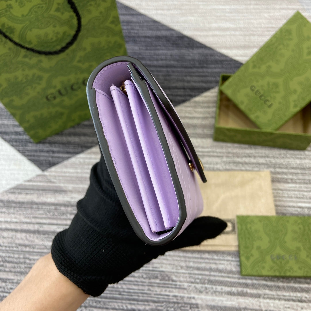 GUCCI CONTINENTAL WALLET 19 IN LIGHT VIOLET EMBOSSED CALFSKIN GOLD HARDWARE