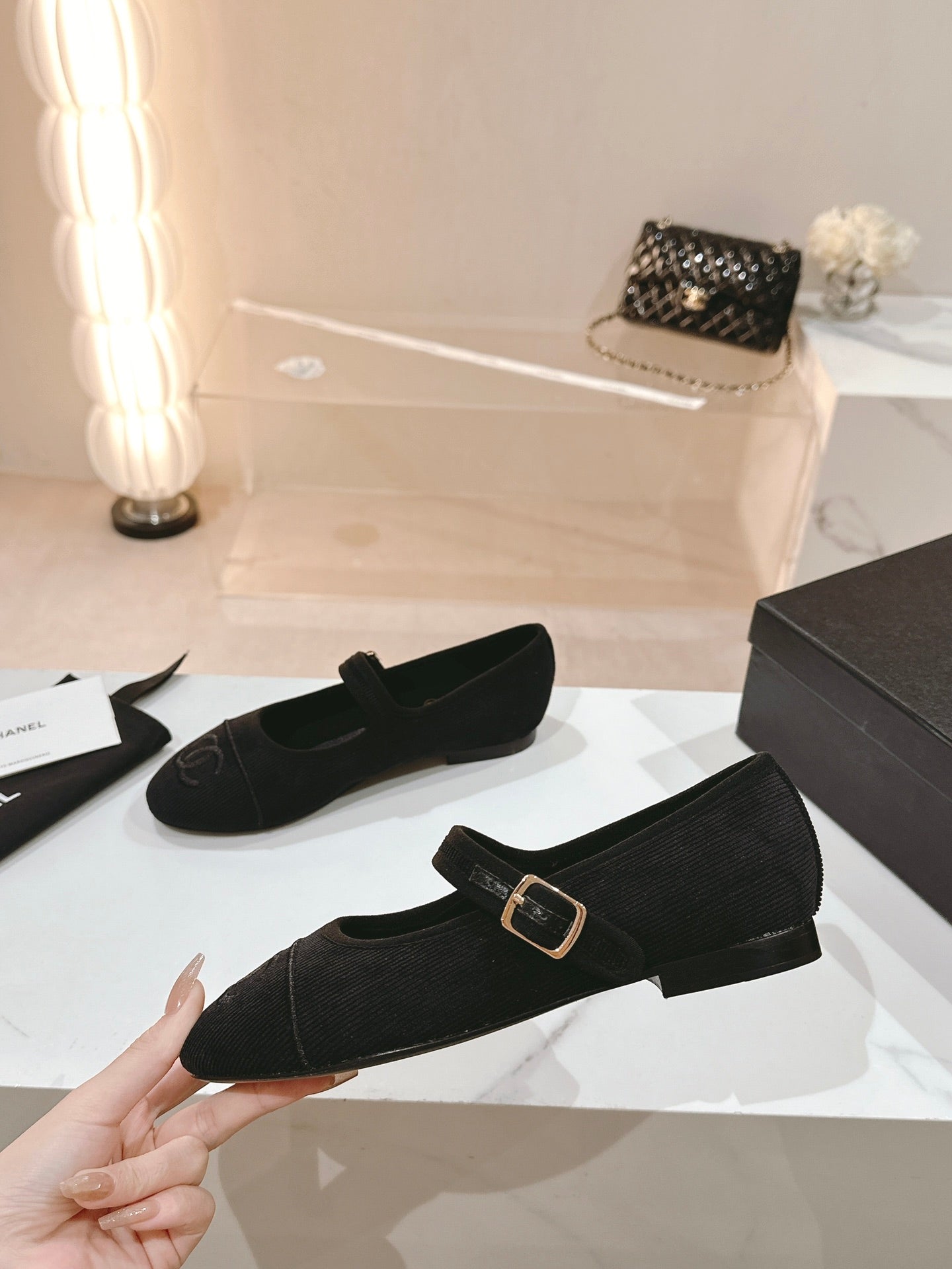 CHANEL mary jane flat black corduroy