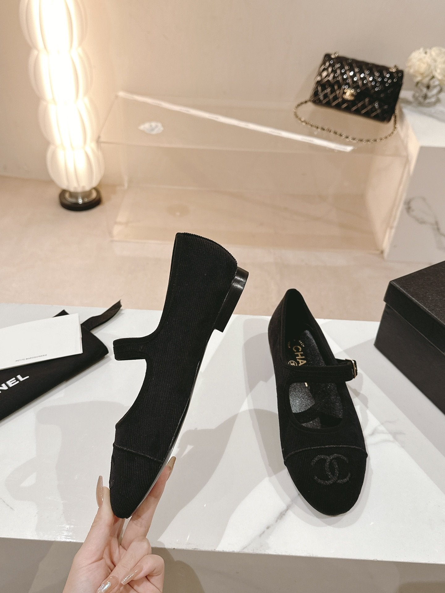 CHANEL mary jane flat black corduroy