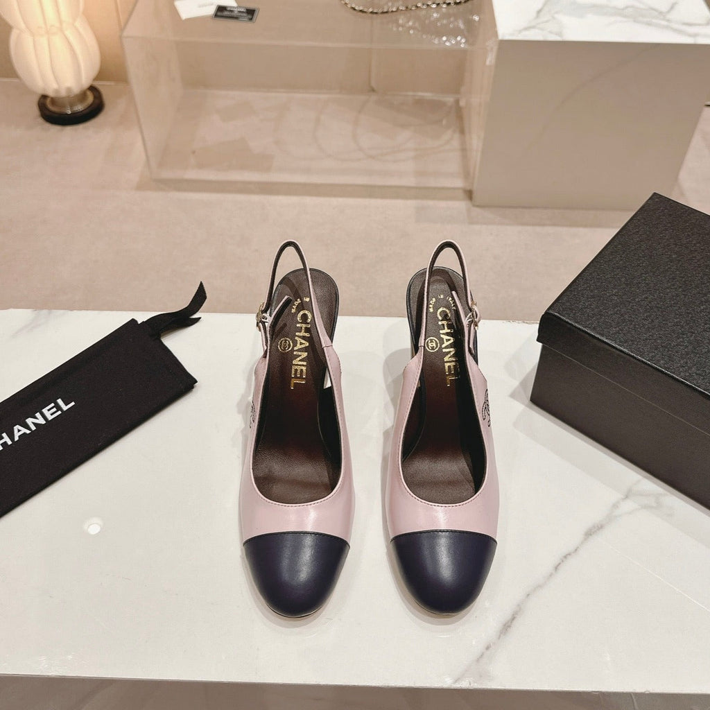 CHANEL HIGH SLINGBACKS LIGHT PINK MIX BLACK SHEEPSKIN