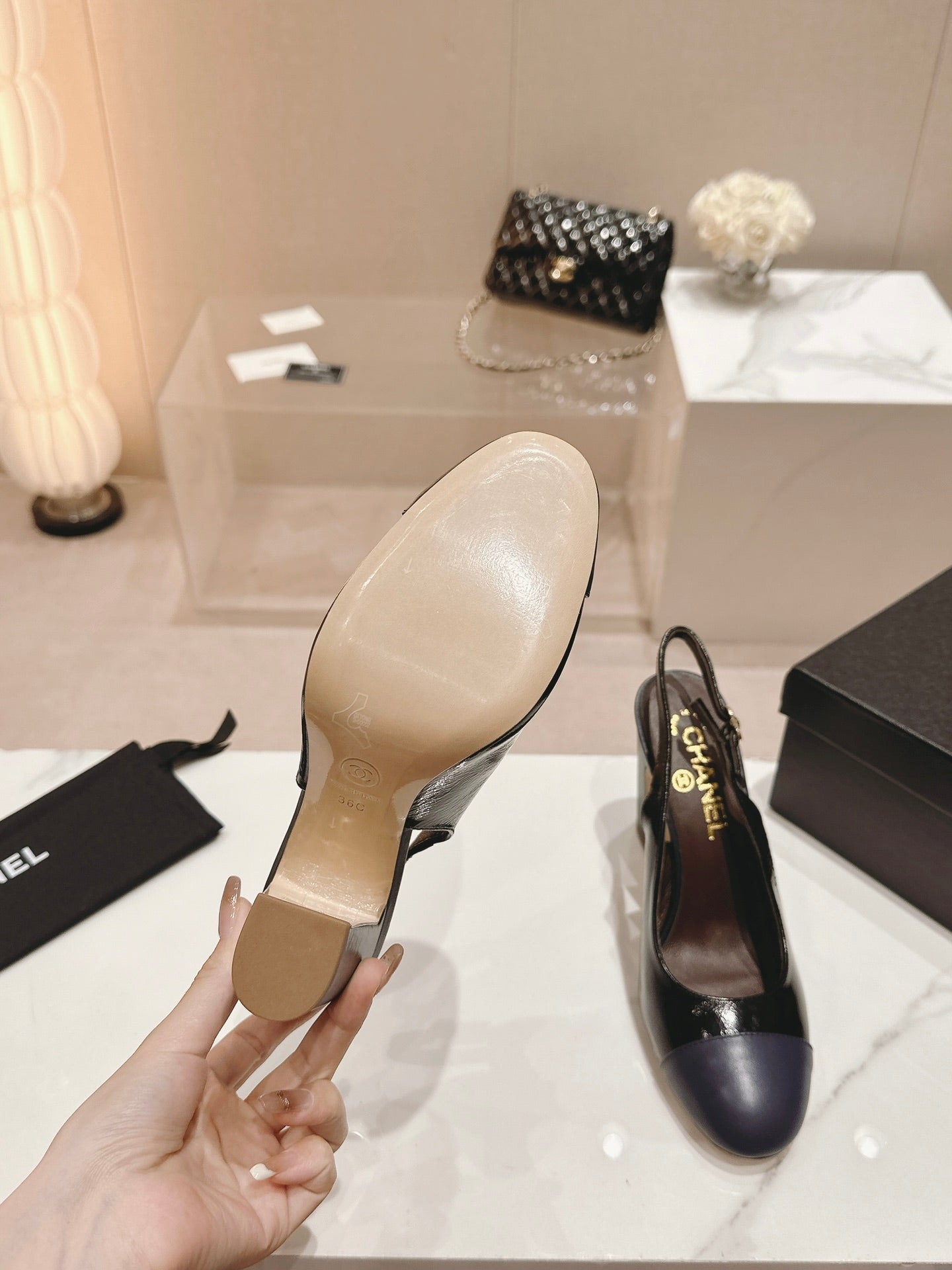 CHANEL HIGH SLINGBACKS BLACK MIX VIOLET SHEEPSKIN