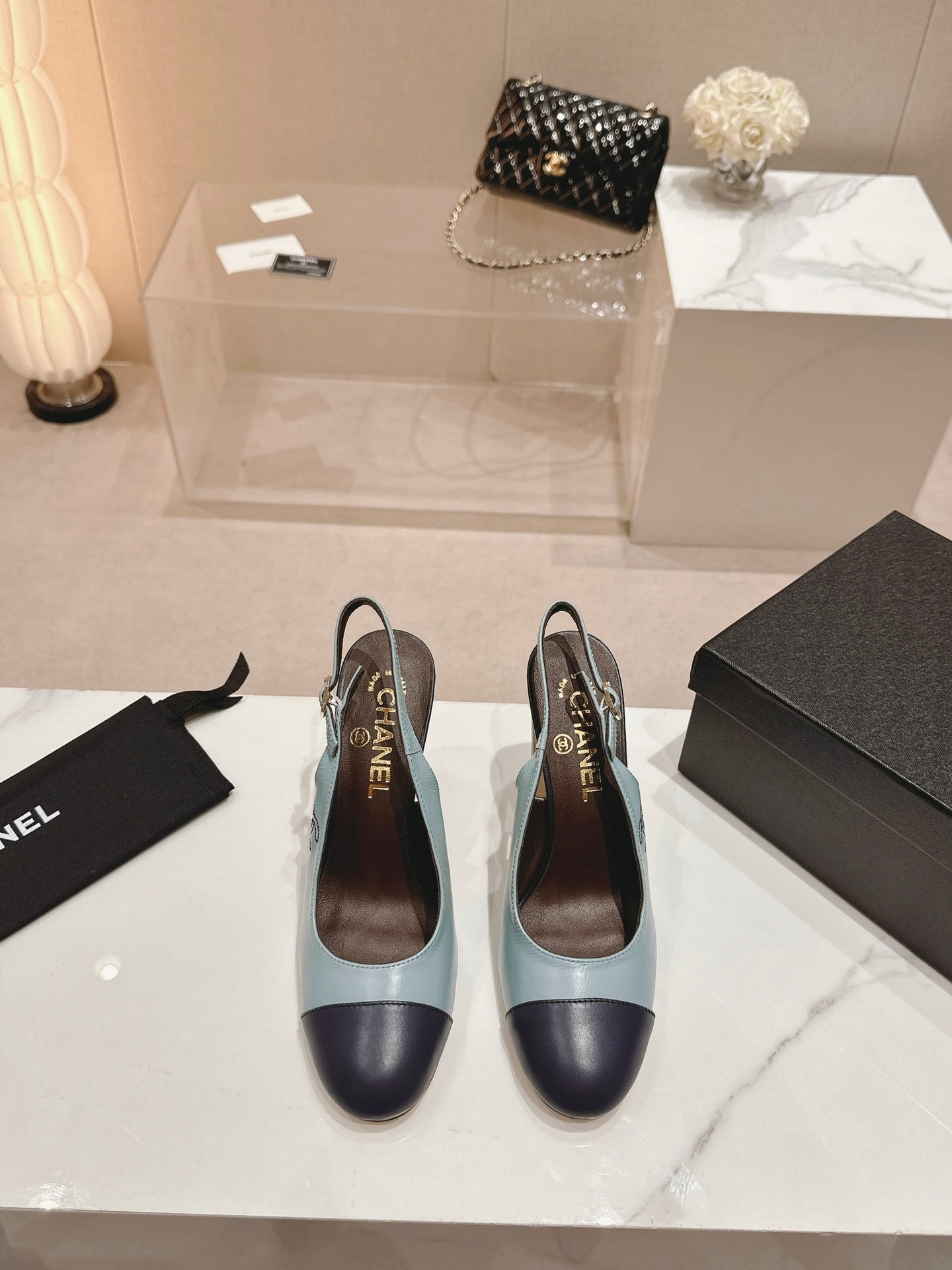 CHANEL HIGH SLINGBACKS LIGHT BLUE MIX BLACK SHEEPSKIN