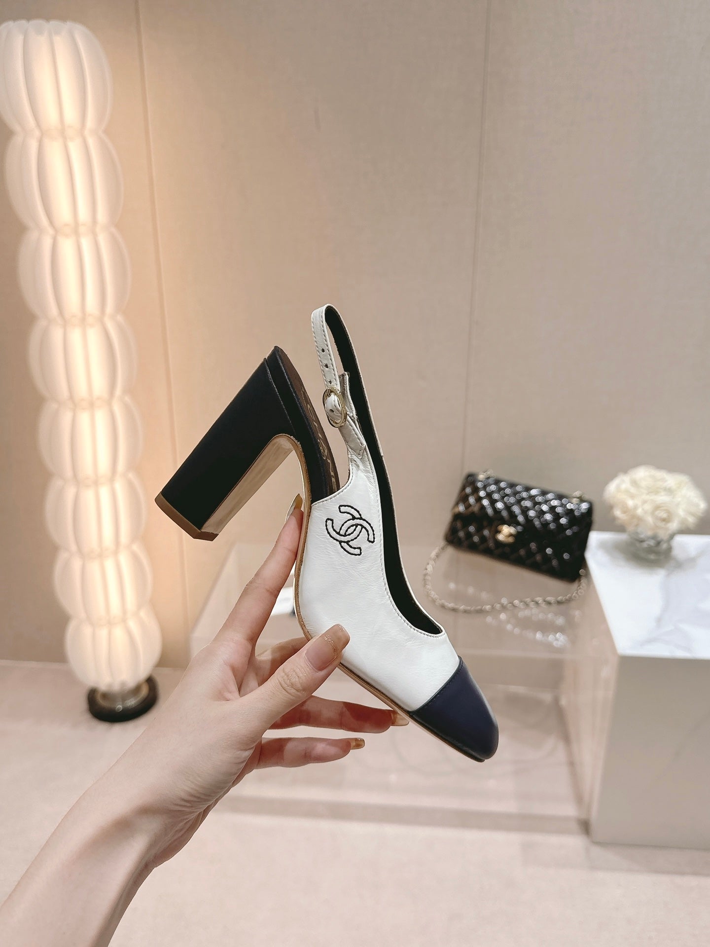 CHANEL HIGH SLINGBACKS WHITE MIX BLACK SHEEPSKIN