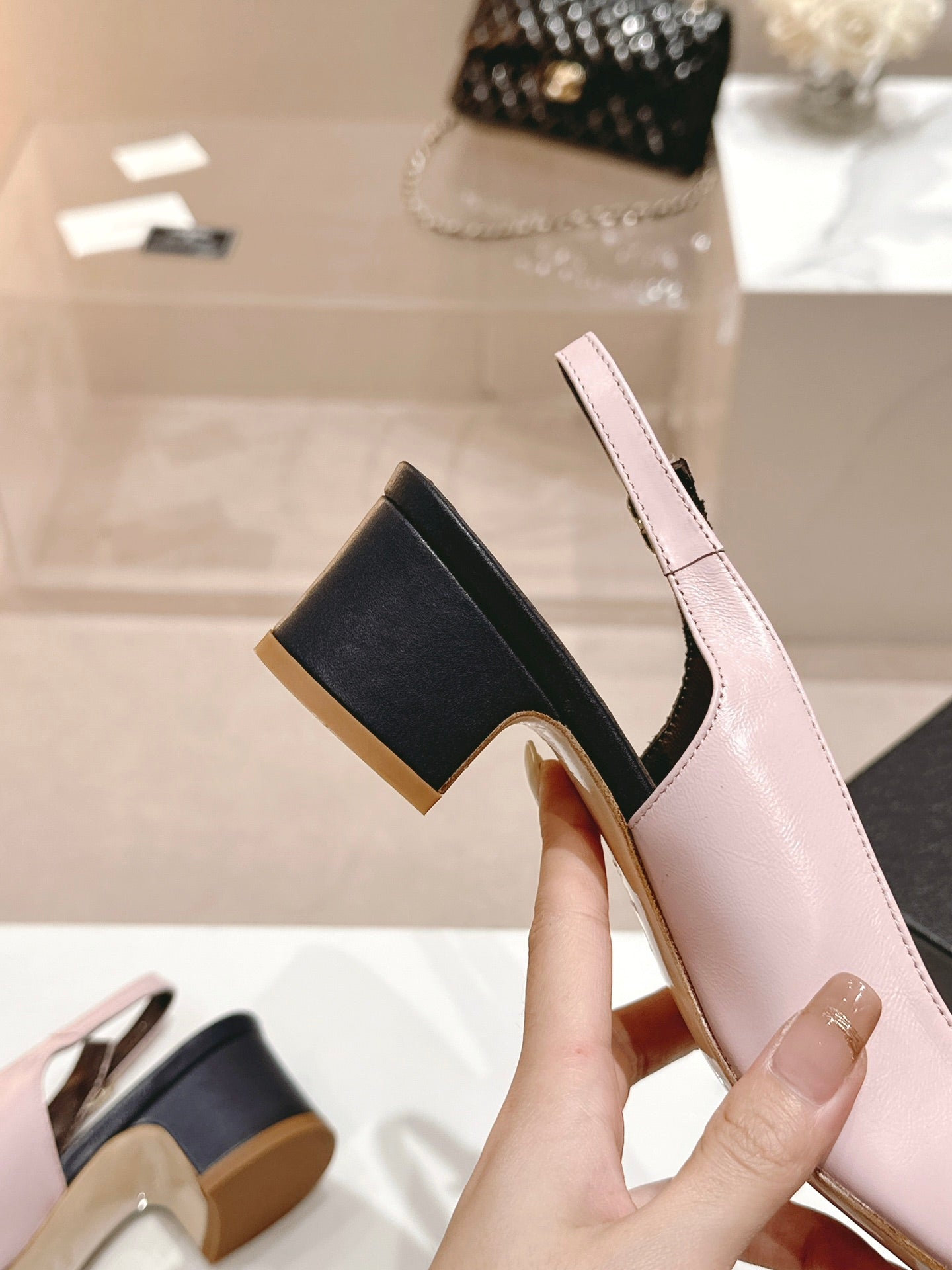 CHANEL SLINGBACKS LIGHT PINK MIX BLACK SHEEPSKIN