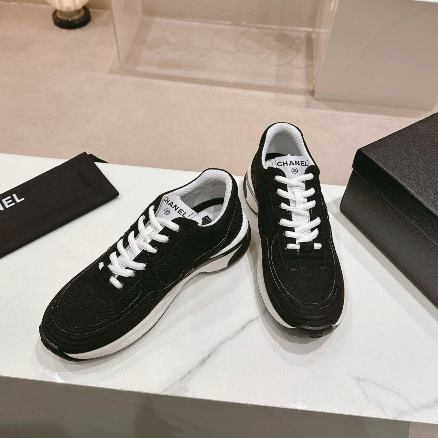 CHANEL Women's Black White Sneaker Breathable mesh