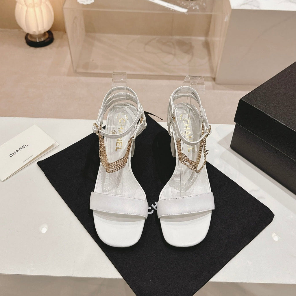 CHANEL Double C Leather High Heel Sandals White