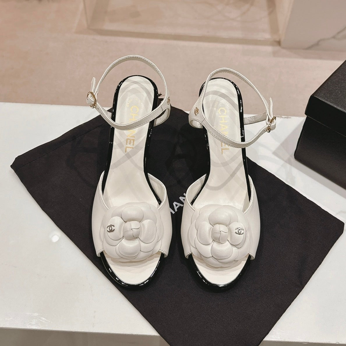 CHANEL Double C New Camellia High Heel Sandals White
