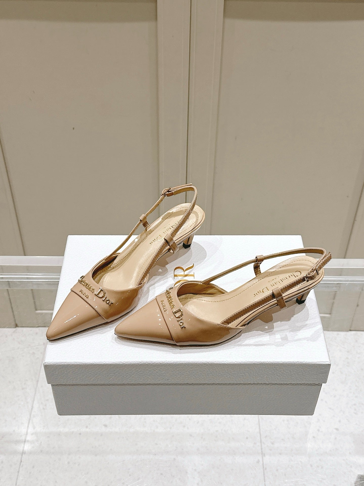 DIOR MY DD 25S SLINGBACK PUMP 50MM IN BEIGE GLOSSY CALFSKIN