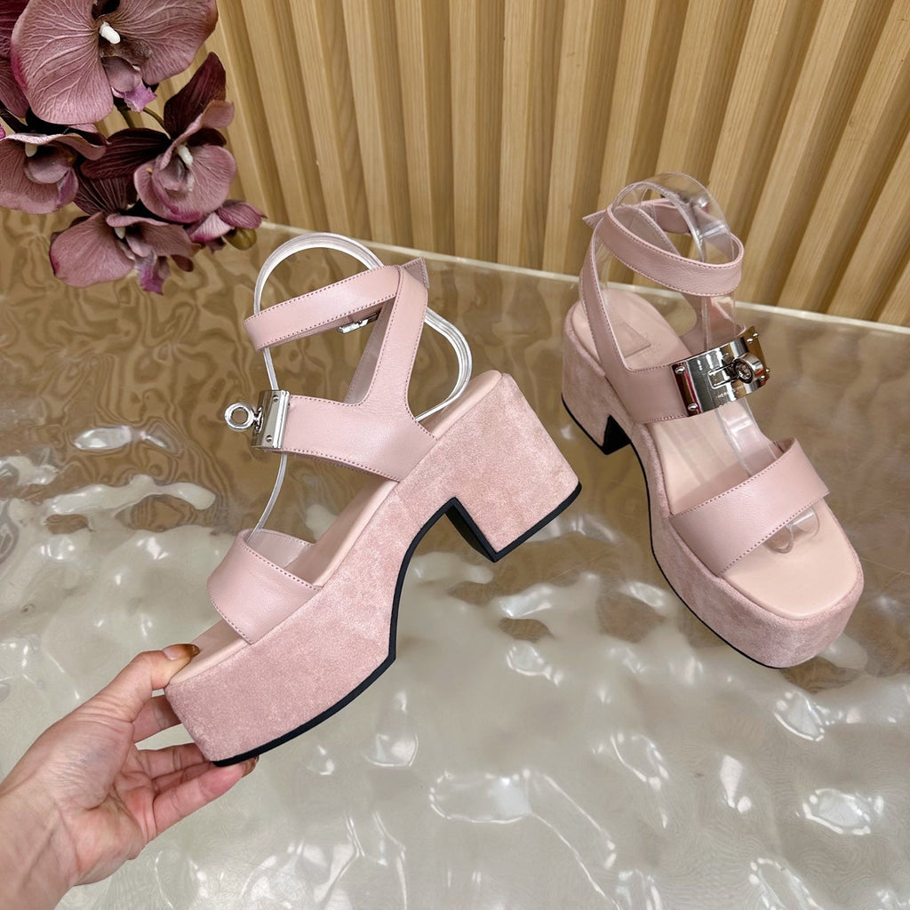 HERMES 25S CLASSIC WEDGE SANDALS 70 MM IN LIGHT PINK LAMBSKIN WITH SILVER HARDWARE