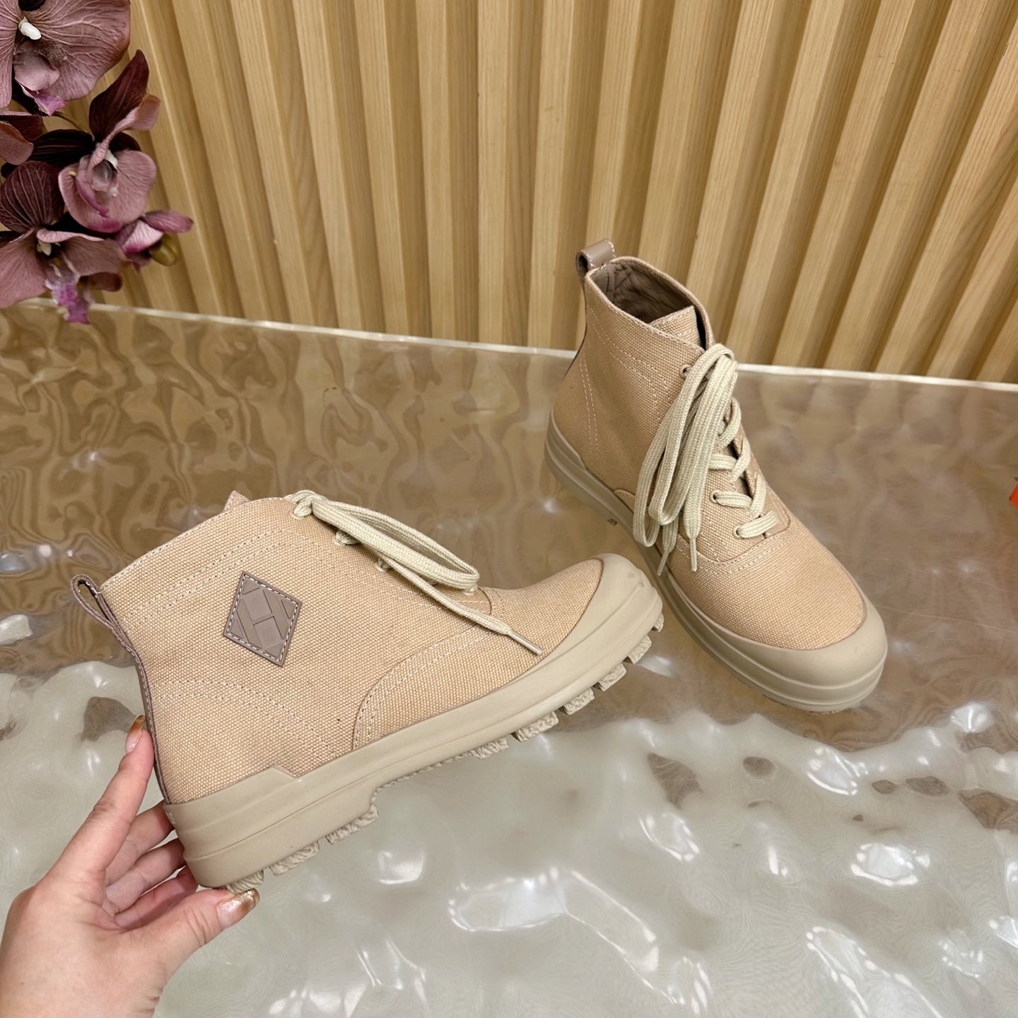 HERMES 25S KOOLER ANKLE BOOTS IN BEIGE CANVAS