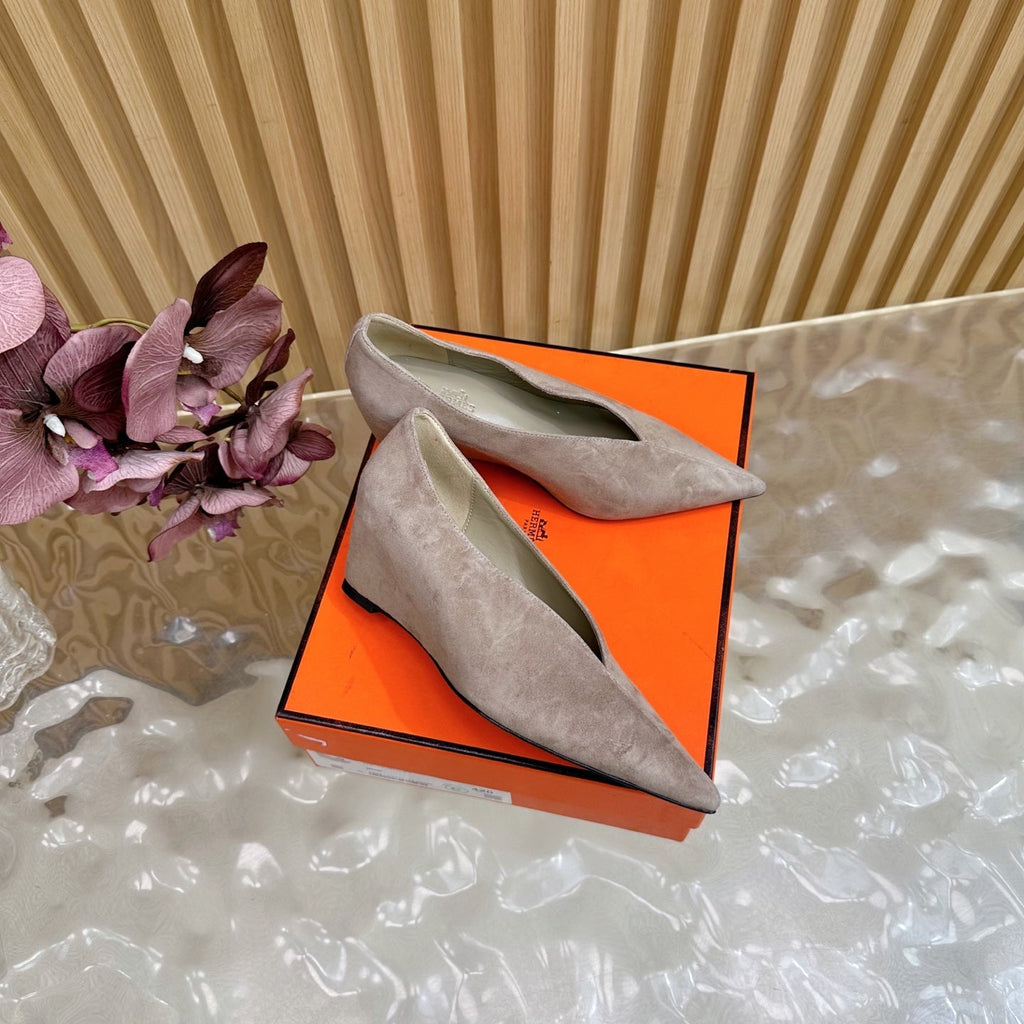 HERMES 25S HIGH-HEEL WEDGE SHOES 50 MM IN DUSTY BEIGE SUEDE