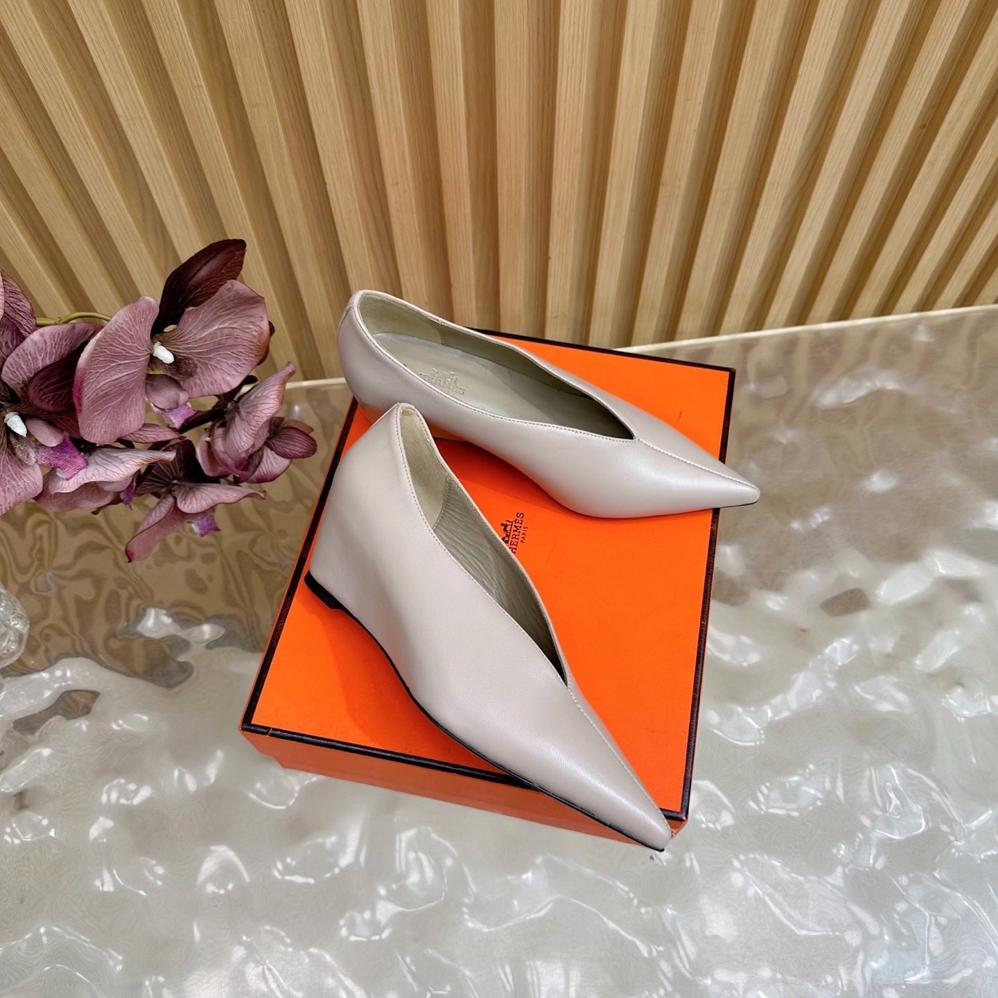 HERMES 25S HIGH-HEEL WEDGE SHOES 50 MM IN PALE PINK BEIGE LAMBSKIN